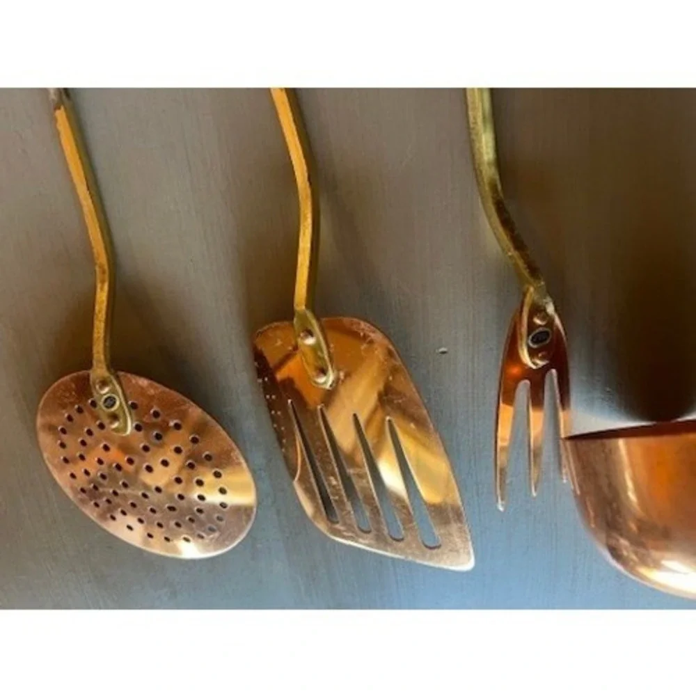 Vintage Copper Brass Kitchen Utensil Set 5pc Korea Patina Rustic Wall Rack